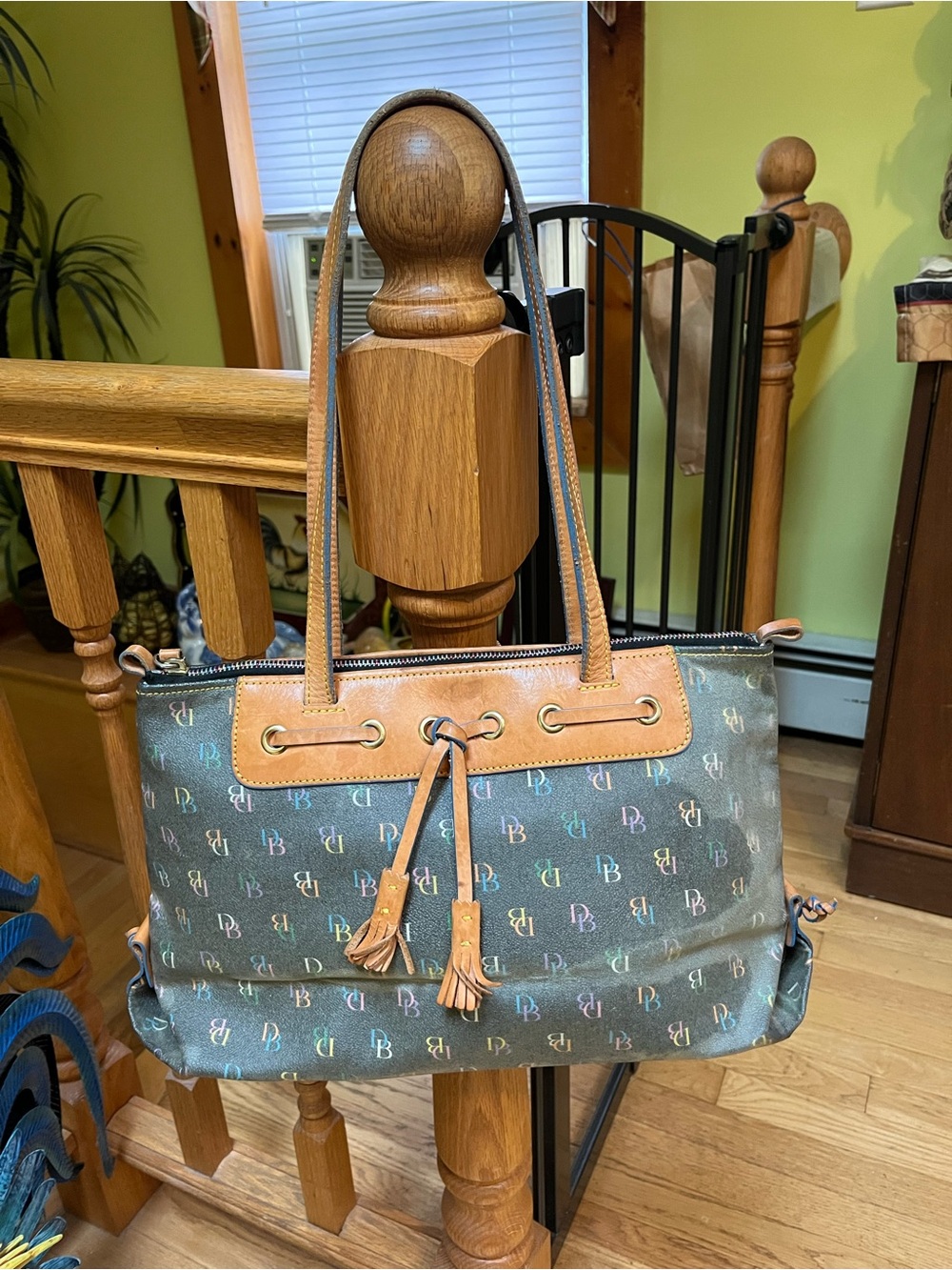 Dooney & Bourke y2k Multicolor Logo Canvas Satchel Bag with Brown Leather Trim